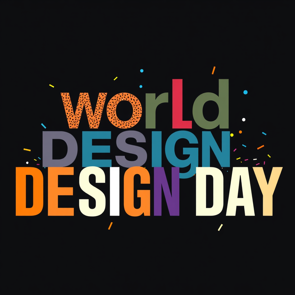 Dynamic Typography Cascade: The words 'World Design Day' arranged in a dynamic, cascading layout. Each word or syllable could be in a different font or weight, creating a sense of movement and excitement, like typographic confetti.