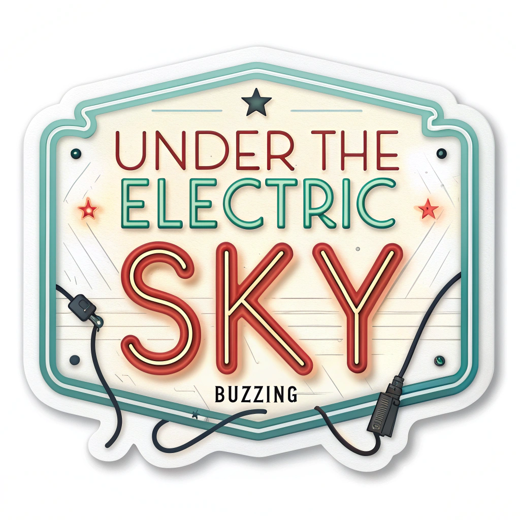 A sticker designed like a retro-futuristic neon sign. The typography 'Under the Electric Sky' is rendered in glowing 'neon tubes' with bright, inviting colors. The sticker could have a classic sign shape (e.g., rectangle with rounded corners or an arrow) and subtle details like 'buzzing' light effects.