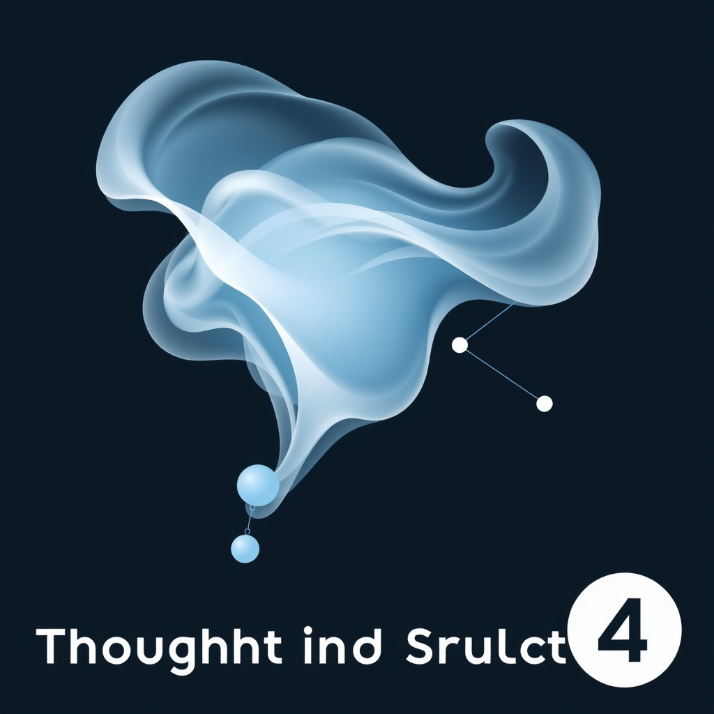 Sub-Design 4 (Thought into Structure): A flowing, abstract representation of a human thought bubble that gradually transforms into, or is scaffolded by, clean, geometric lines and nodes, representing the mind's creativity being structured and amplified by machine intelligence to generate AI outputs.