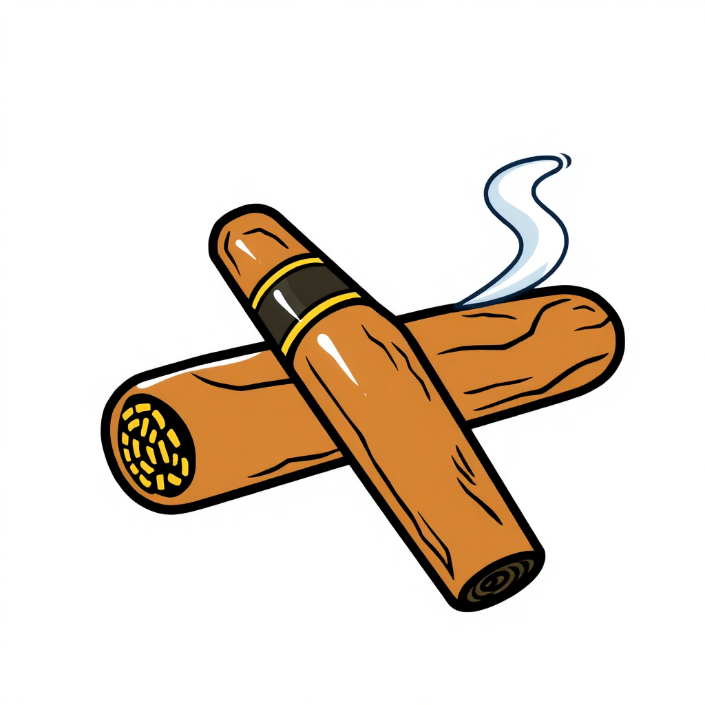 The image is an illustration of two cigars crossed over each other. The cigars are brown in color and have a cylindrical shape with a pointed end. The top of the cigar has a black band with a gold-colored logo on it. The cigar on the left is slightly larger than the one on the right, and there is a white smoke coming out of it, indicating that it is smoking. The background is white.