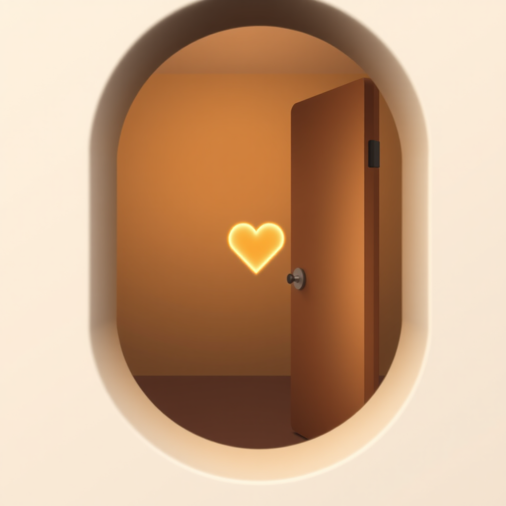 A modern keyhole icon, with the viewer peeking through to see a warm light or a simple heart, representing access ('Open Doors') to a welcoming, inclusive, and loving space.