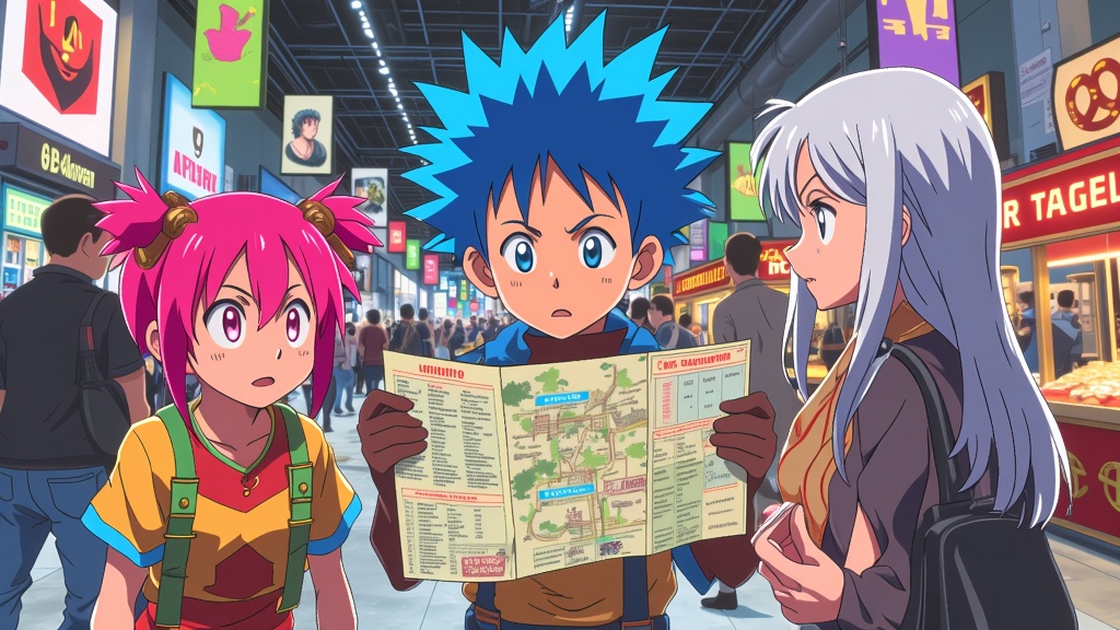 Candid Con Moments: Capture anime characters in 'off-duty' moments as guests – like struggling with a map of the convention center, excitedly discovering merchandise, or trying American con food.