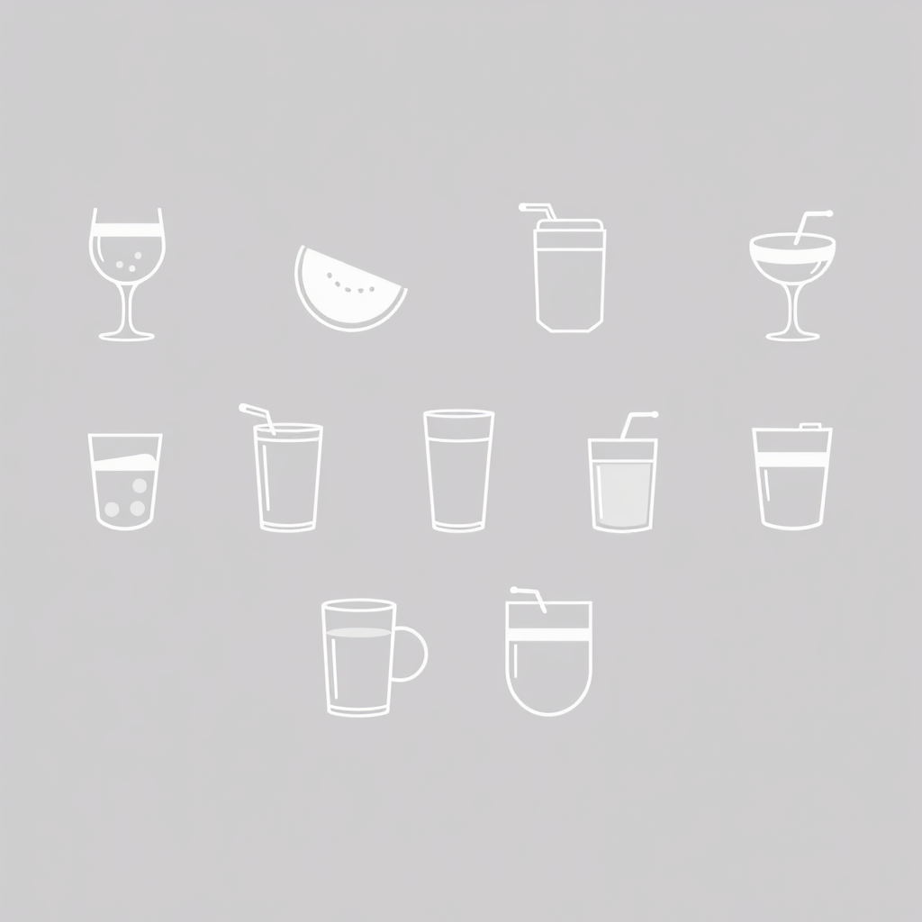 A cohesive set of minimalist outline beverage icons that share consistent line weight, corner radiusing, and a common visual element (e.g., all contained within a subtle circle, or all featuring a single 'highlight' line) to ensure they work perfectly together.