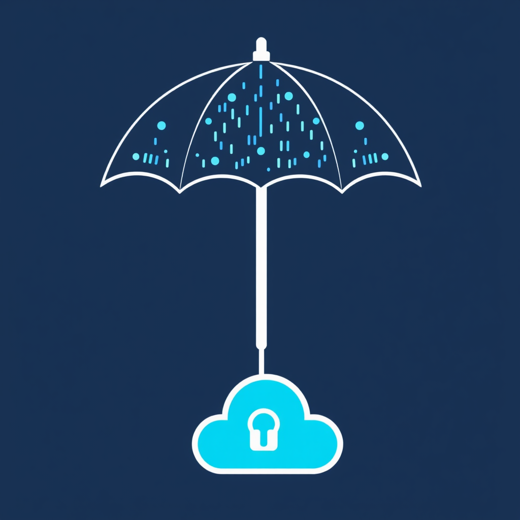 An umbrella icon where the handle extends down to 'plug into' a cloud icon, symbolizing a secure connection and proactive protection. The canopy of the umbrella could have a subtle data stream pattern.