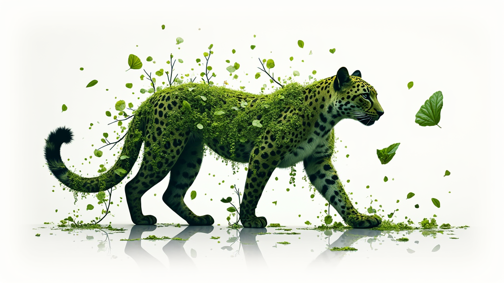 Sub-Design Idea 2: 'Fragmented Future, Connected Hope' - Depict an animal silhouette (e.g., an Amur leopard) appearing to shatter into pieces. Some fragments are barren, while others are lush with native flora, reconnected by green vines, symbolizing the potential for restoration through sustainable efforts.