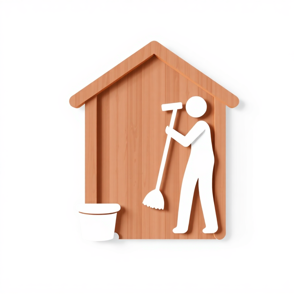 The image is a graphic illustration of a person cleaning a wooden house. The house is made of light-colored wood and has a sloping roof. The person is holding a broom and is in the process of sweeping the floor. There is a bucket next to the house, suggesting that the person is cleaning the floor with the broom. The image is in a simple, cartoon-like style.