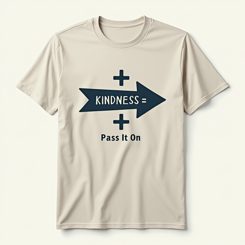 A minimalist design featuring just a forward arrow icon '>'. Inside the arrow, the word 'KINDNESS' is written. Slogan: 'Pass It On'.