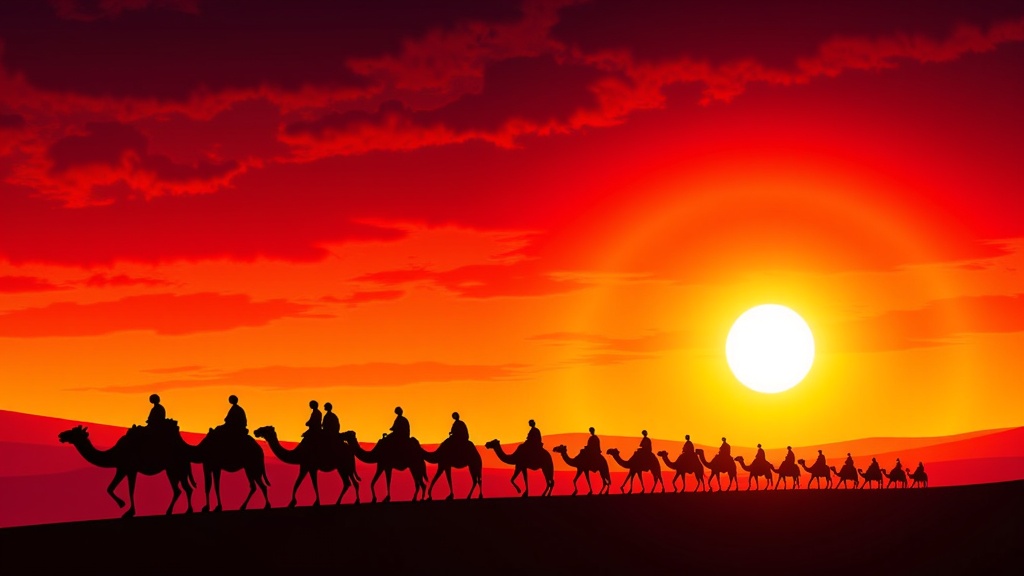 Fiery Horizon: Focus on a dramatic, intensely colored sunset with deep reds, oranges, and yellows. Stark black silhouettes of a long, single-file camel caravan stretch across the horizon, emphasizing desert vastness. A single bright star might be emerging.