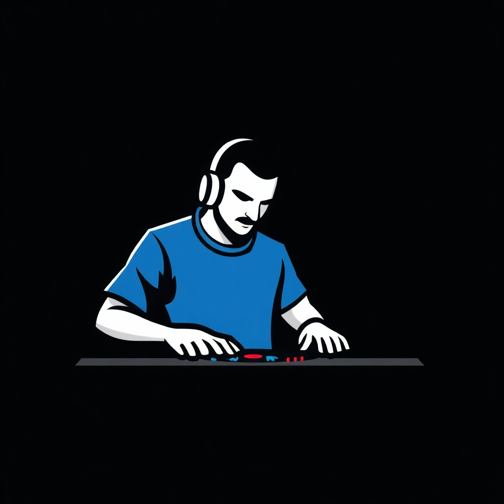 The image is a digital illustration of a DJ playing music on a turntable. The DJ is wearing a blue t-shirt and has a pair of headphones on his head. He is sitting at a desk with his hands on the turntables and appears to be focused on the music. The background is black, making the DJ and the music stand out. The image is in a simple, cartoon-like style.