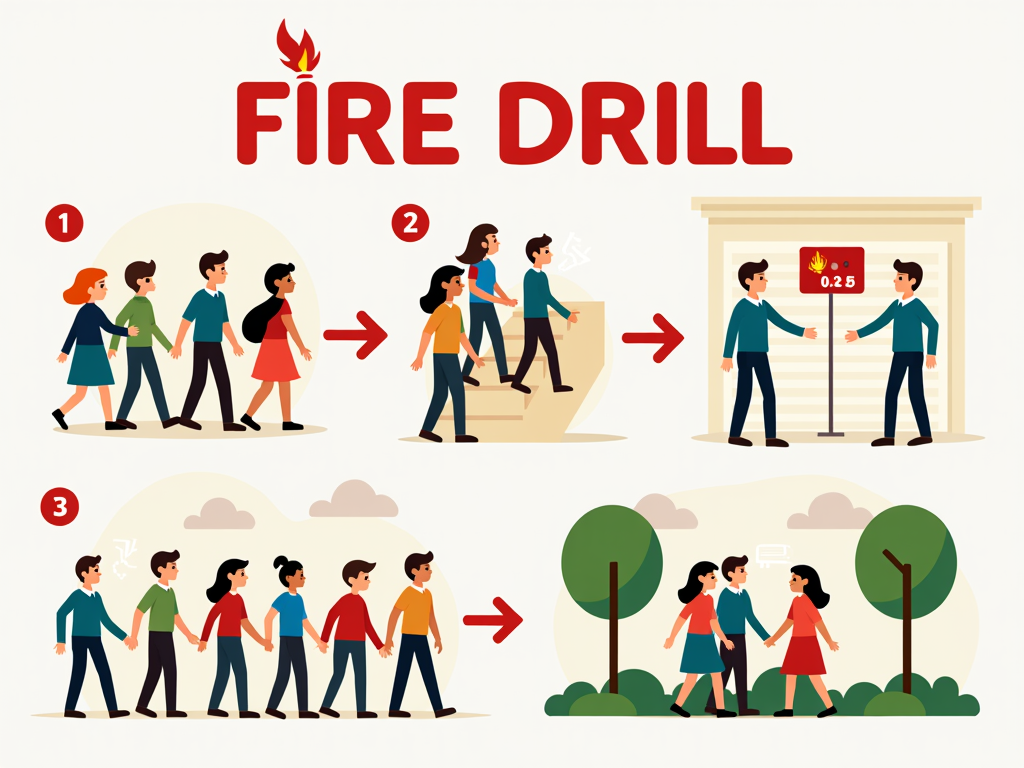 A poster illustrating a clear sequence of actions for a fire drill, showing icons of people calmly exiting, using stairs, and gathering at a designated assembly point.