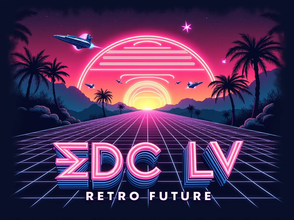 Neon Grid Horizon: A classic 80s neon grid landscape stretching towards a horizon where a giant, glowing EDC daisy replaces the sun. Silhouettes of retro-futuristic spaceships could fly across the vibrant, multi-colored sky (pinks, purples, electric blues). Text 'EDC LV - Retro Future' in a chrome, angular font.