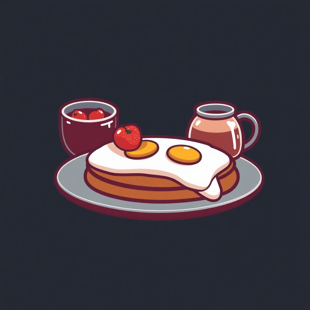 The image is an illustration of a breakfast meal. On the plate, there is a stack of pancakes with two fried eggs on top. The pancakes are golden brown and appear to be freshly cooked. There is a small bowl of strawberries on the left side of the plate and a small jar of jam on the right side. The background is dark blue. The overall color scheme of the image is warm and inviting.