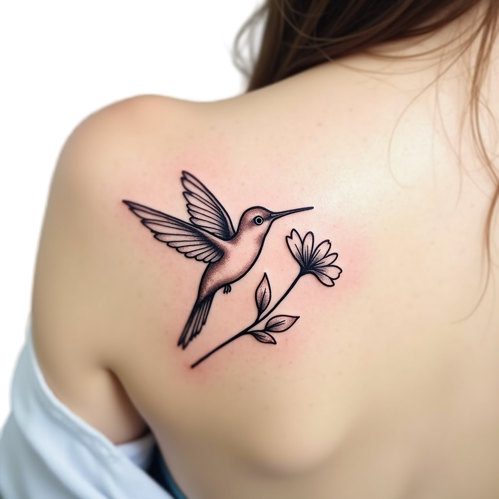 A minimalist outline tattoo of a hummingbird hovering over a flower, captured mid-flight on a shoulder, symbolizing joy and agility.