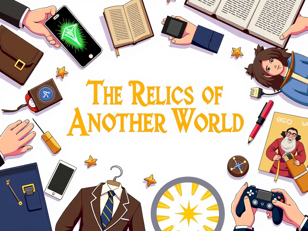 Illustration 5: 'The Relics of Another World'. An artistic still-life or flat-lay design showcasing a collection of items that bridge our world and an Isekai world. Examples: a dropped smartphone next to a glowing magic grimoire, a school uniform transforming into adventurer's gear, a game controller intertwined with a mythical creature's summoning circle. The event title could be stylised as ancient script or a digital display found among the items.