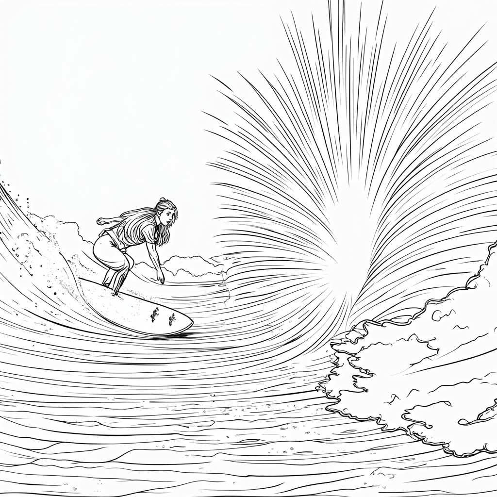 Quantum Tunneling Adventure: The surfer encounters a massive, seemingly solid barrier (like a colorful energy field or a translucent crystal wall). The coloring page shows the surfer and part of their wave miraculously passing *through* this barrier, illustrating quantum tunneling. Part of the wave could also be shown reflecting off the barrier. This allows for coloring the barrier, the incoming, reflected, and tunneled waves distinctly.