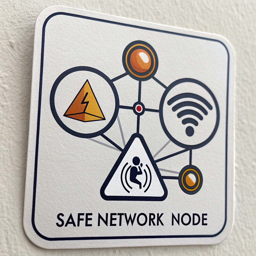 Sub-design 5: 'Safe Network Node' sticker using a simplified network diagram where one node is highlighted (e.g., glowing or shielded) and emitting a warning signal, visualizing the act of reporting to protect the online community/network.