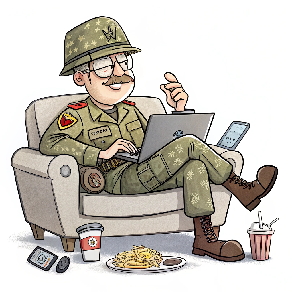 Design a sticker with a cartoon character resembling a military general, but in a relaxed pose on a couch, surrounded by remote work essentials like a laptop, snacks, and a phone.