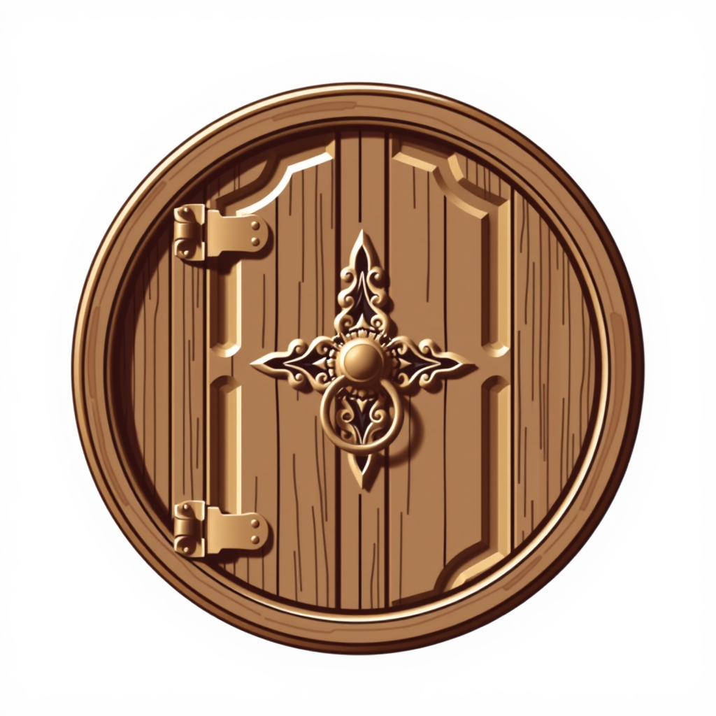 A circular emblem featuring a detailed, carved wooden door with ornate hinges and a classic doorknob.