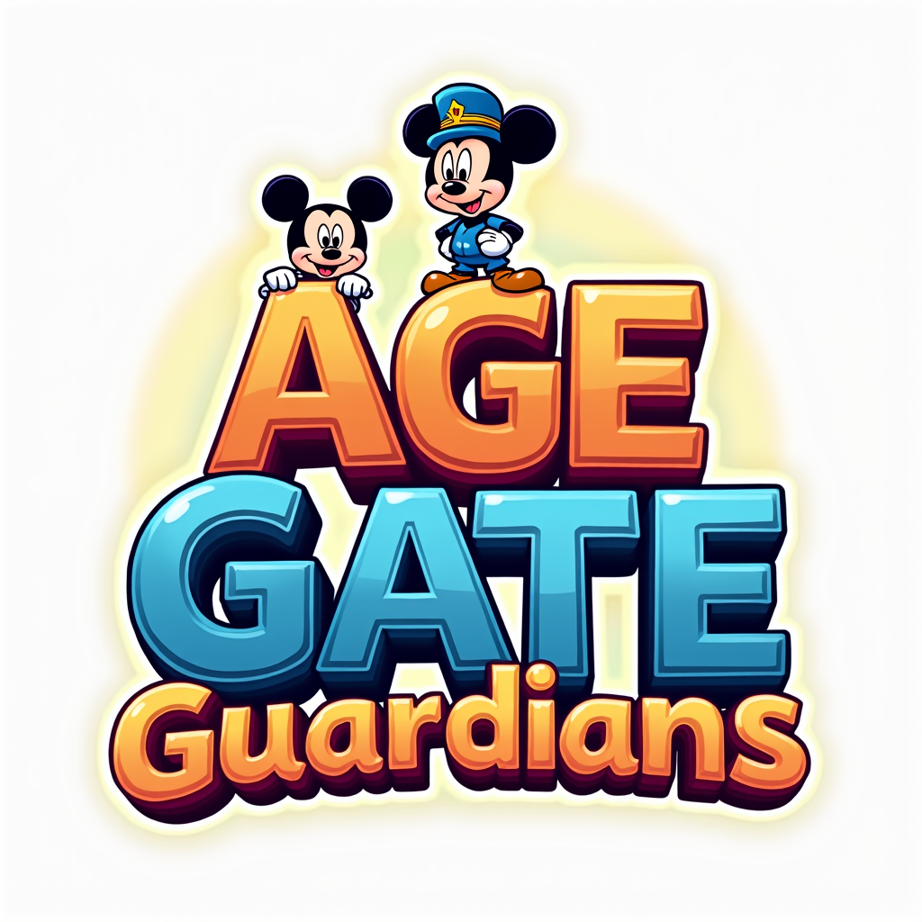 Simple Logo Idea: The words 'Age-Gate Guardians' in a playful, rounded cartoon font, with one or two small, cute 'Guardian' characters peeking out from behind the letters or standing atop them like sentinels.