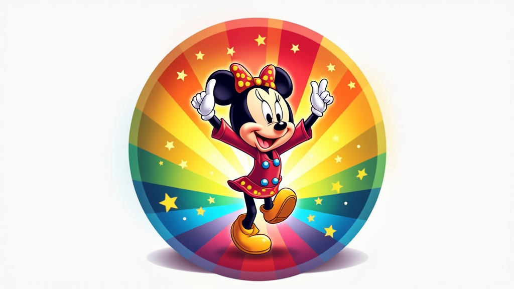 A circular emblem with a central cartoon character surrounded by a rainbow spectrum. The character should be expressive and dynamic, and the colors should be saturated and bright.