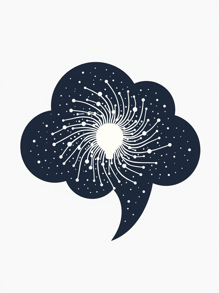 Simple Icon Idea: A minimalist icon of a thought bubble containing a swirling, abstract generative pattern or a stylized neural network node that is 'sparking' with light, signifying an AI-generated idea or 'artificial dream'.