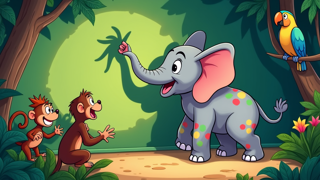 An illustration of Patches using its trunk to create funny shadow puppets on a jungle wall, with other animals watching in amusement.