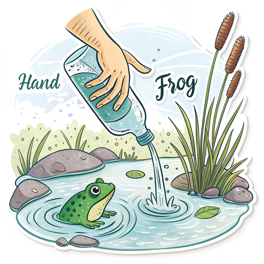 Illustration of a hand gently removing a plastic bottle from a pond, with a small frog peeking out from behind a reed, looking hopeful. The text is incorporated into the water ripples.