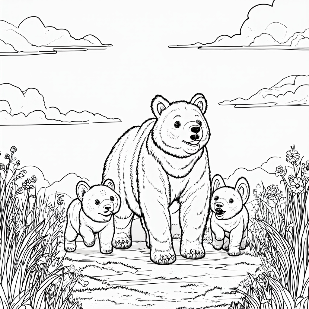 A mother bear and her cubs walking through a sunny meadow, their path leading to adventure.