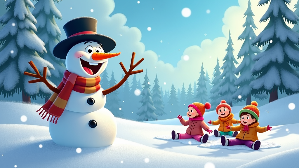 The image shows a group of children playing in the snow with a snowman. The snowman is wearing a scarf and a top hat, and is surrounded by trees covered in snow. The sky in the background is filled with clouds, creating a festive atmosphere.