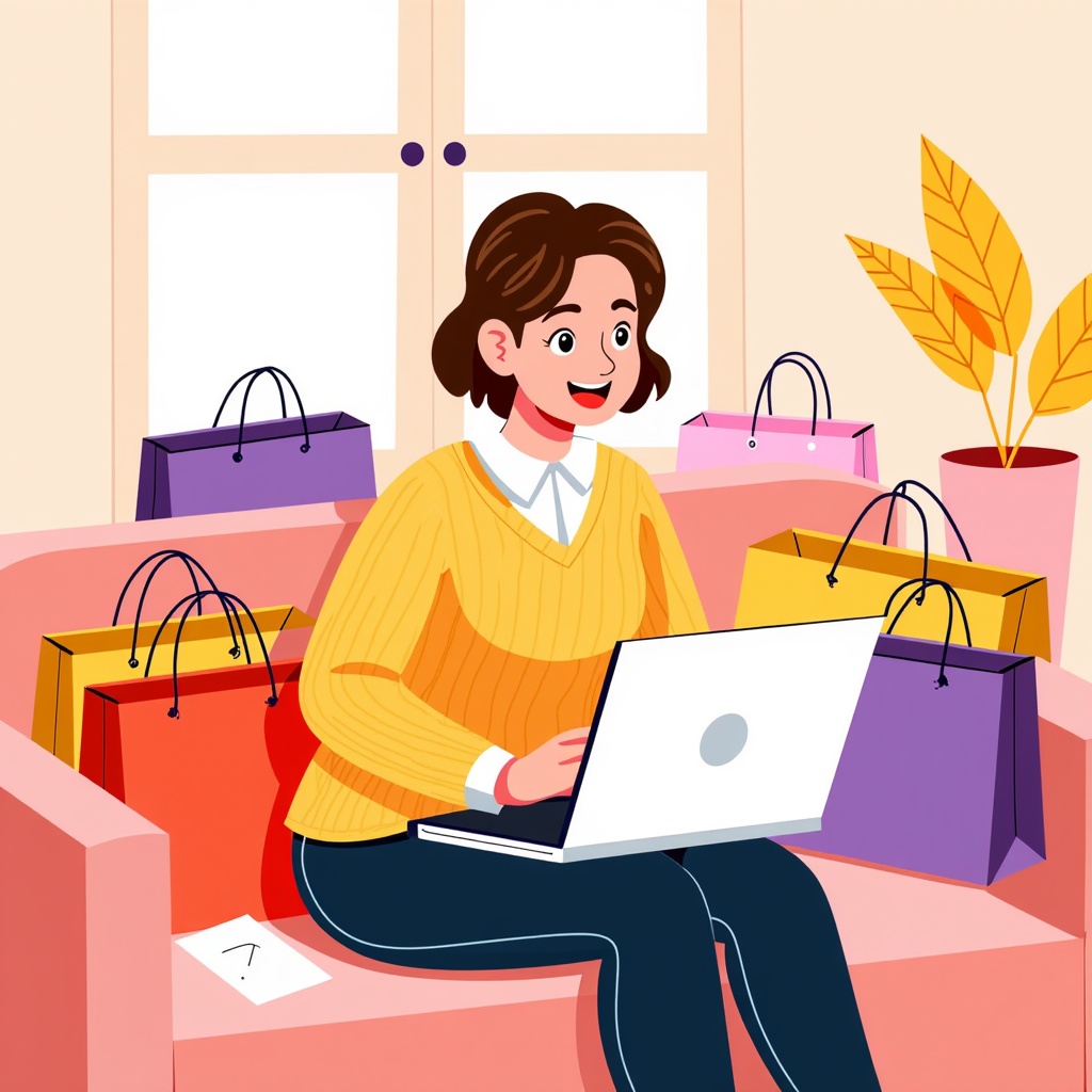  a young woman sitting on a pink couch with a laptop in front of her. She is wearing a yellow sweater and has a big smile on her face. There are several shopping bags scattered around her, including purple, yellow, and orange. On the right side of the image, there is a potted plant with yellow leaves. The background shows a window with white curtains. The overall style of the illustration is cartoon-like.