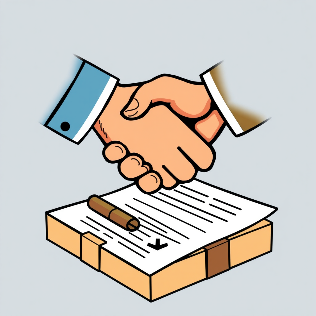 A prominent handshake depicted over a stylized contract paper that includes a subtle tariff icon (e.g., downward arrow on a package).