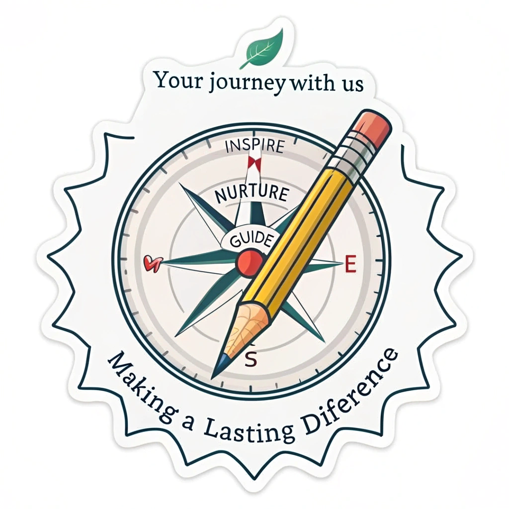 Compass of Contribution Sticker: A compass design where the needle is a glowing pencil or teacher silhouette. Cardinal points: 'Inspire,' 'Nurture,' 'Guide.' Text 'Making a Lasting Difference' encircles, with 'Your Journey With Us' below. Represents purposeful guidance and significant teacher journey.