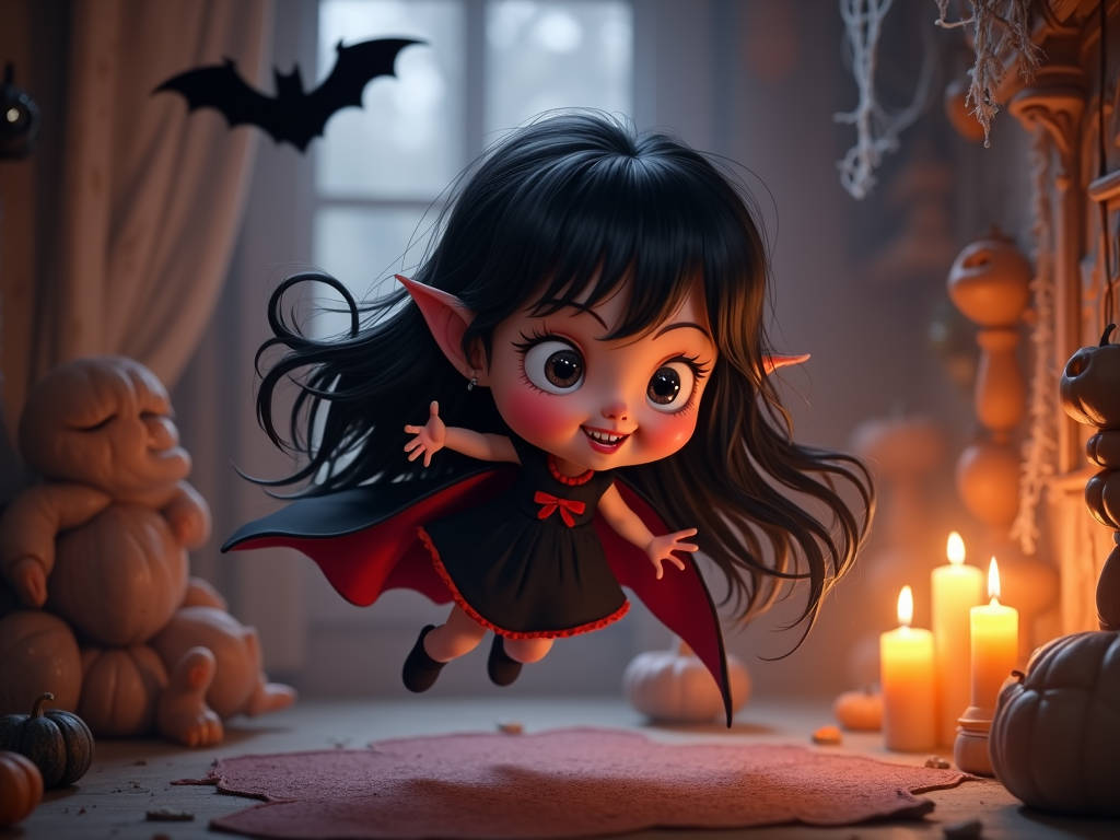 The image is a digital illustration of a cute little girl dressed up as a vampire. She has long dark hair and is wearing a black dress with a red cape and a red bow in her hair. She is flying through the air with her arms outstretched and a big smile on her face. The background is a room decorated for Halloween with pumpkins, candles, and a teddy bear. There is a window with a bat hanging from it and a spider web hanging from the ceiling. The overall mood of the image is spooky and festive.