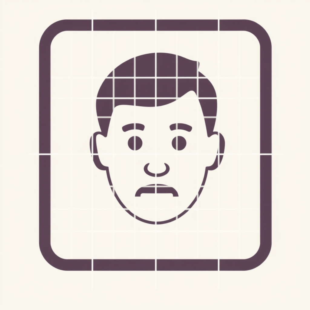 A stylized human face or common object (like a car) enclosed within a bounding box or overlaid with recognition grid lines.