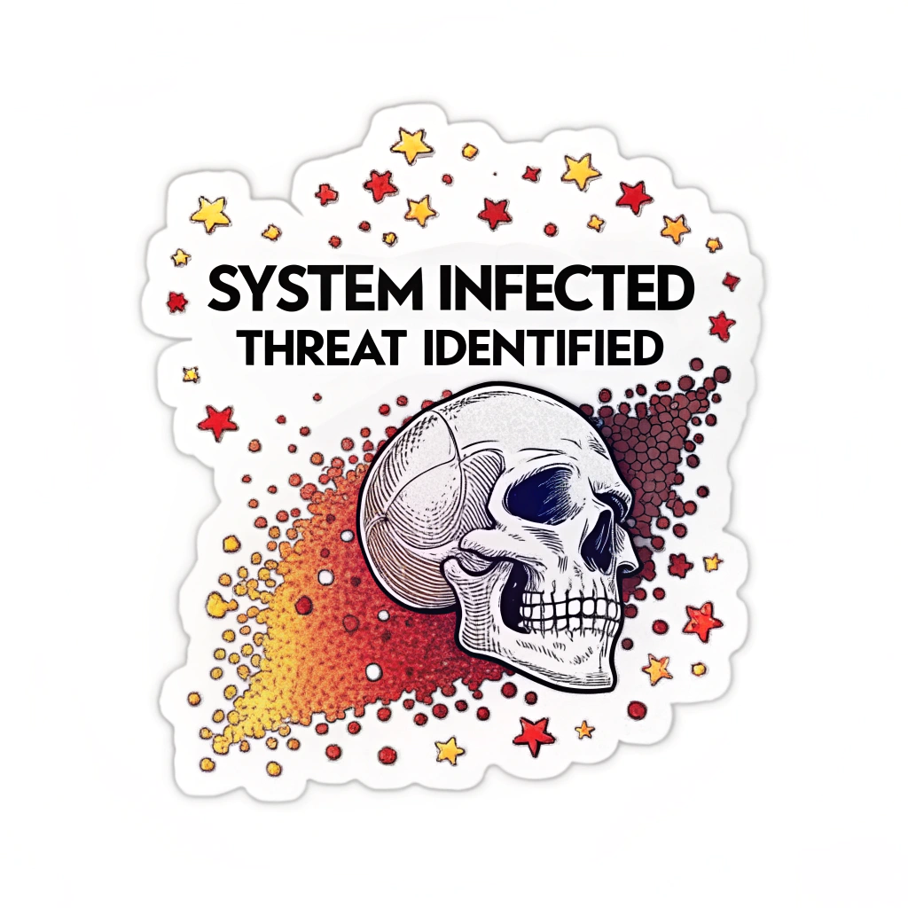Sub-design 5 (Pulsating Warning Aura): A central pixelated skull surrounded by a dynamic-looking (even if static) aura made of smaller, jittery, or expanding pixel clusters in warning colors (e.g., red, orange, yellow). The text 'SYSTEM INFECTED' or 'THREAT IDENTIFIED' in a clear, blocky pixel font could arc above or below the design.