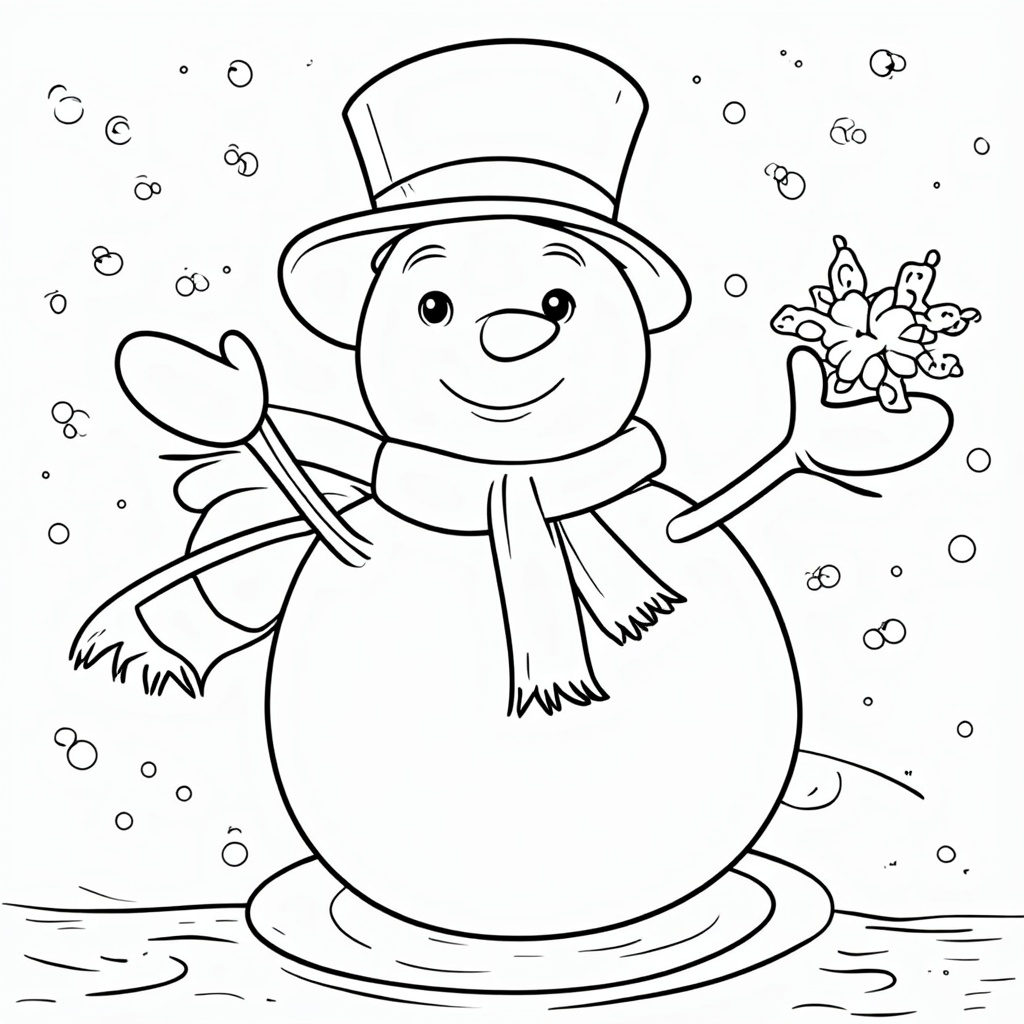 The image shows a snowman with a top hat and scarf, holding a flower in one hand and a stick in the other. The snowman is surrounded by a wintery landscape, with snowflakes falling from the sky and a few trees in the background. The colors used in the image are mostly shades of blue and white, giving it a peaceful and serene atmosphere.