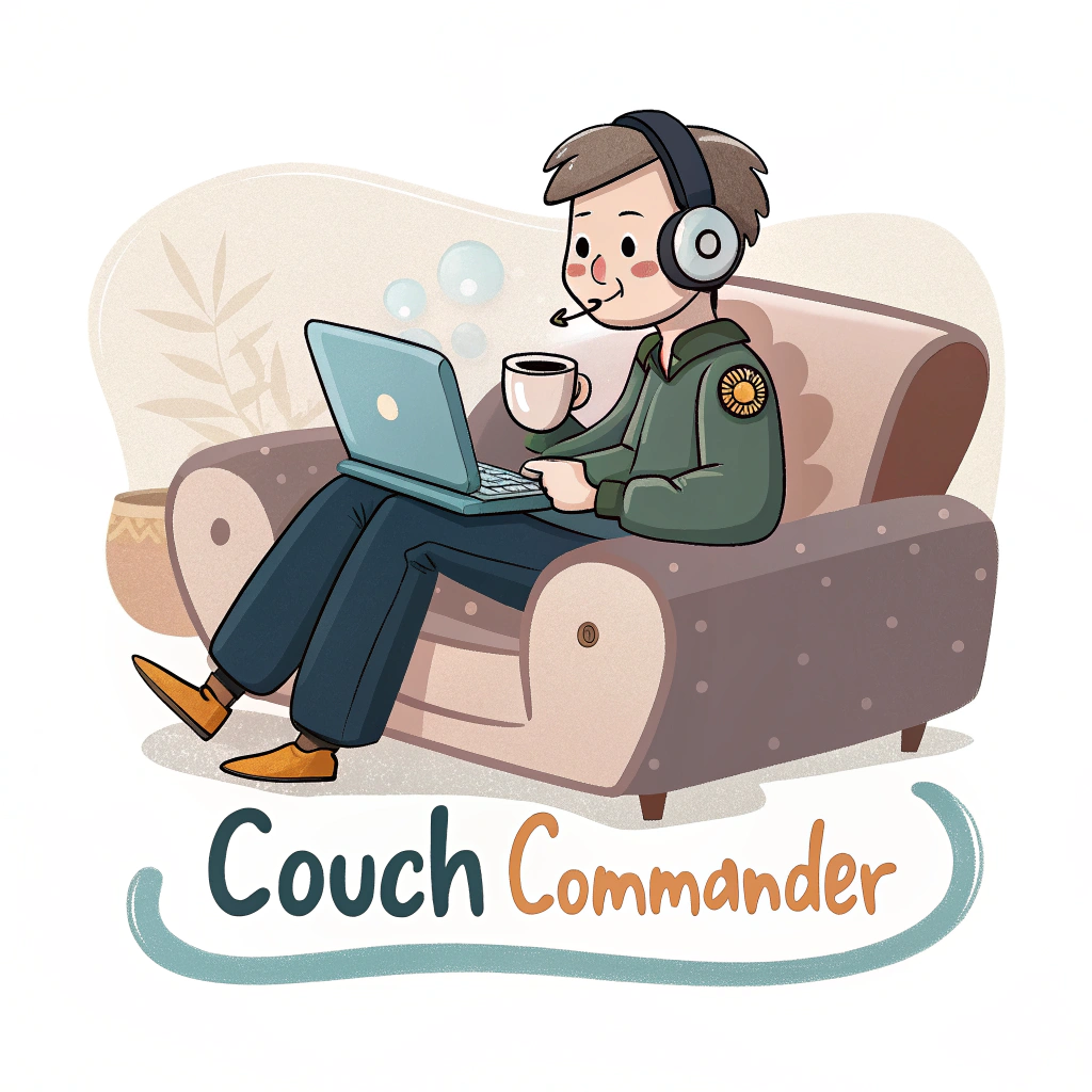 A cartoon commander sitting on a couch with a laptop, wearing a headset and holding a coffee mug, with the phrase 'Couch Commander' underneath.