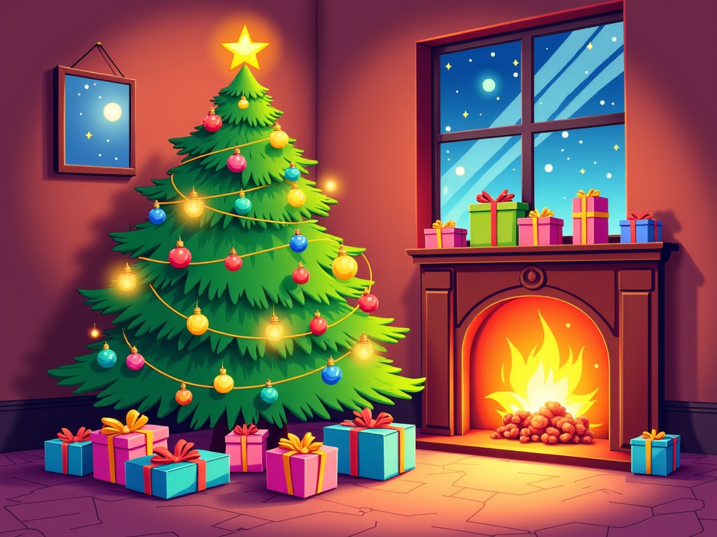 The image shows a cozy living room with a Christmas tree adorned with colorful ornaments, lights, and a star on top. There are several gift boxes scattered around the tree, and the room is illuminated by a warm fire burning in the fireplace. On the wall behind the tree is a photo frame, adding to the festive atmosphere.