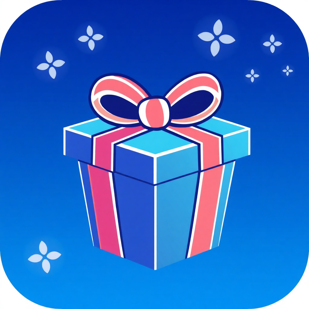 The image is a square icon with a blue background. In the center of the icon, there is a blue gift box with a red and white striped ribbon tied in a bow on top. The ribbon is symmetrical and has a small pink circle in the center. Around the gift box, there are small white flowers scattered around. The overall design is simple and cartoon-like.