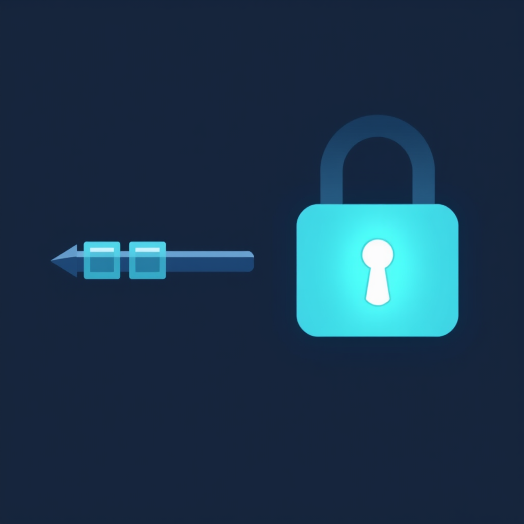 Simple Icon Idea: A minimalist key, its teeth stylized as clear digital blocks (e.g., 2-3 squares), directly adjacent to or slightly overlapping a simplified padlock icon featuring a single, glowing horizontal slit for a keyhole.