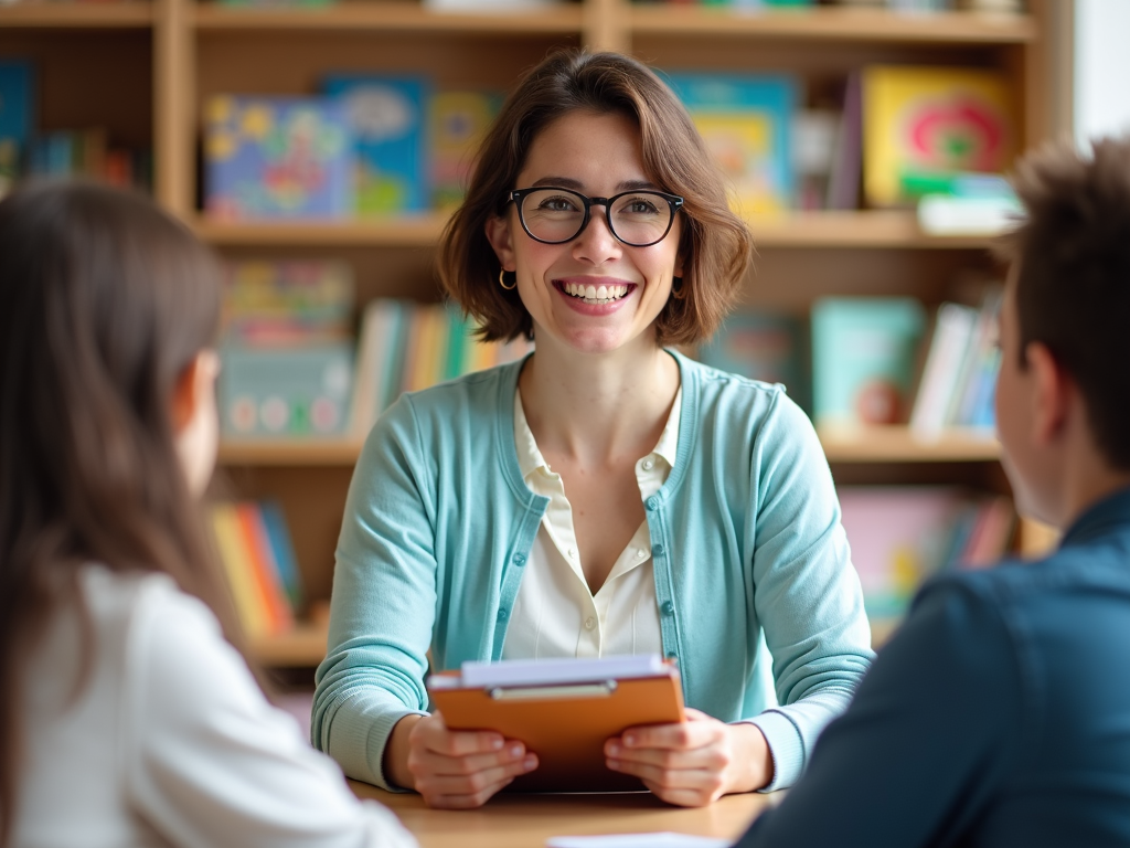 A smiling teacher with a clipboard conducts a parent-teacher conference in a cozy classroom setting. Behind her, shelves filled with books and educational resources create a nurturing learning space.