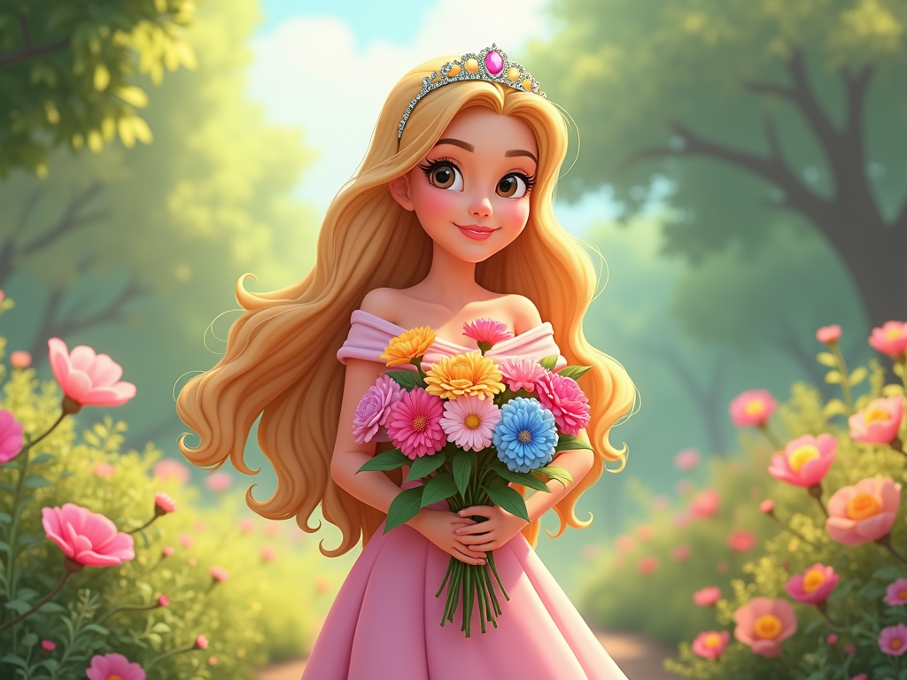 A sweet and gentle princess with a serene expression, holding a bouquet of flowers. Her tiara is delicate and adorned with small gemstones, and her dress is flowing and simple. The background is soft and dreamy.