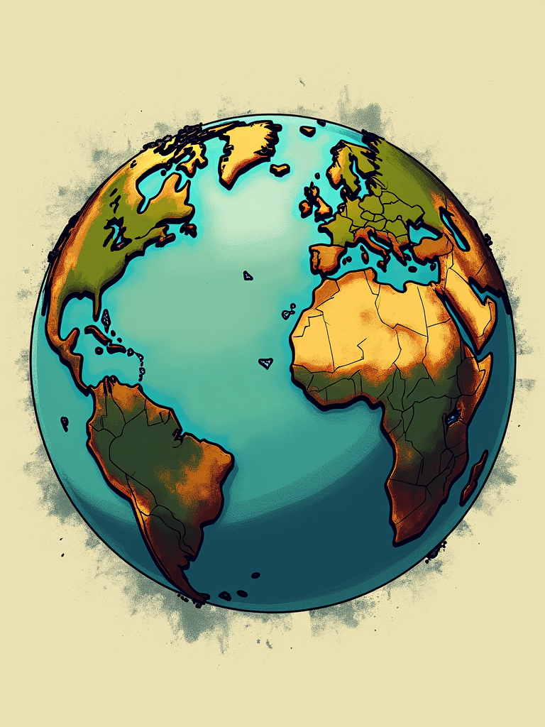 A retro-style illustration of Planet Earth with deliberately distressed textures to give it a worn, vintage feel. Include a classic Earth Day slogan like 'Love Your Mother' or 'Keep it Green' in a groovy, 70s-inspired font, possibly with a slightly faded color palette (e.g., muted greens, blues, and browns).