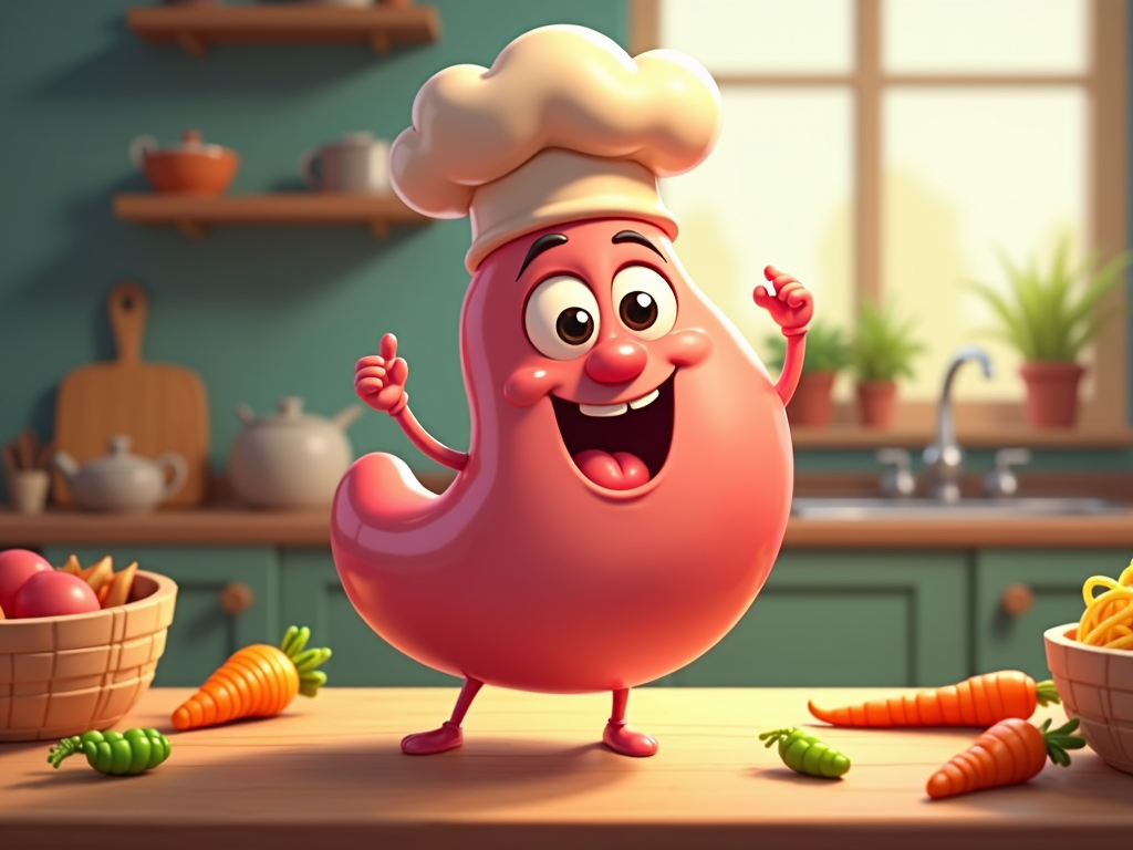 The image shows a cartoon character wearing a chef's hat standing in front of a kitchen counter. On the counter there are carrots, a basket of vegetables, and other food items. In the background there is a kitchen platform with drawers, a wash basin with tap, pots with plants, a window, and racks with various items.