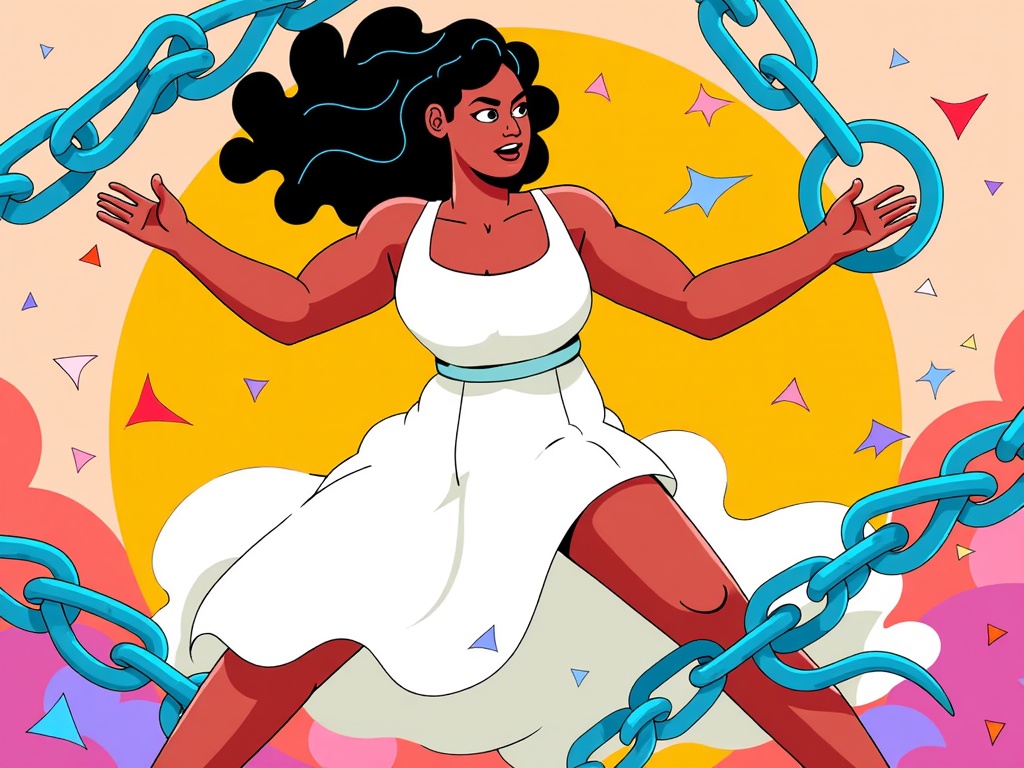 A graphic illustration of a woman breaking through chains or barriers, symbolizing freedom and liberation. The chains could be stylized and abstract, representing societal constraints.