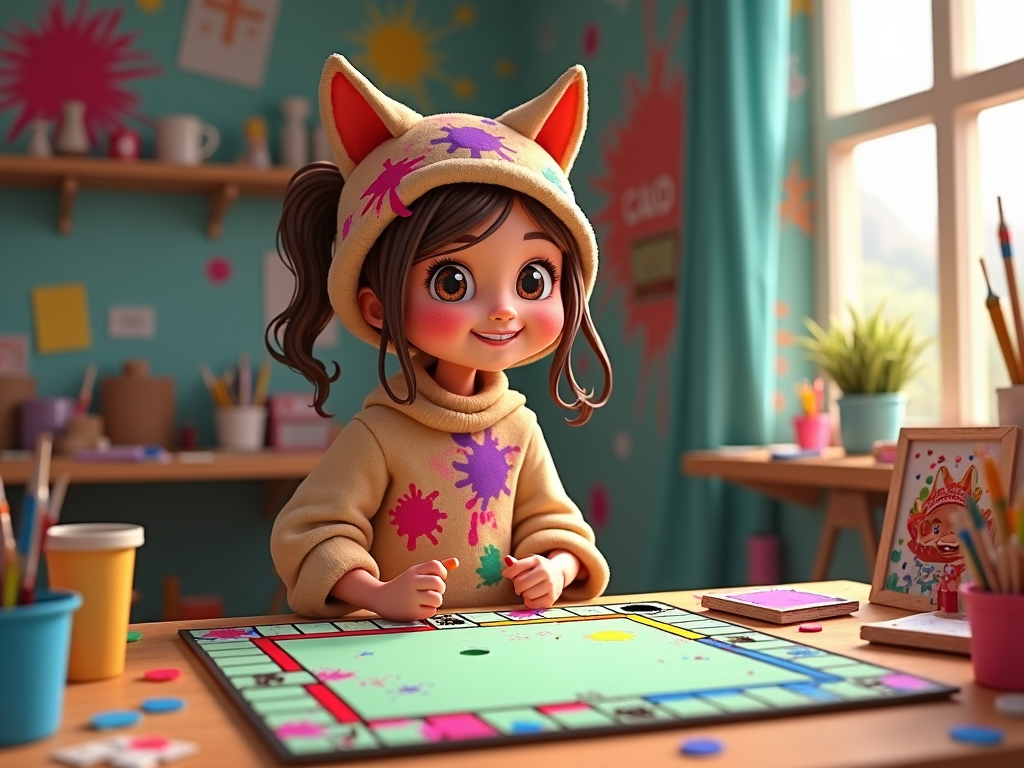 In a colorful art studio, the girl, donned in a homemade Monopoly costume with paint splatters and unique patterns, crafts DIY Monopoly boards from cardboard and paints. Her focus and creativity shine as she prepares personalized game sets, infusing a love for art with timeless strategy.