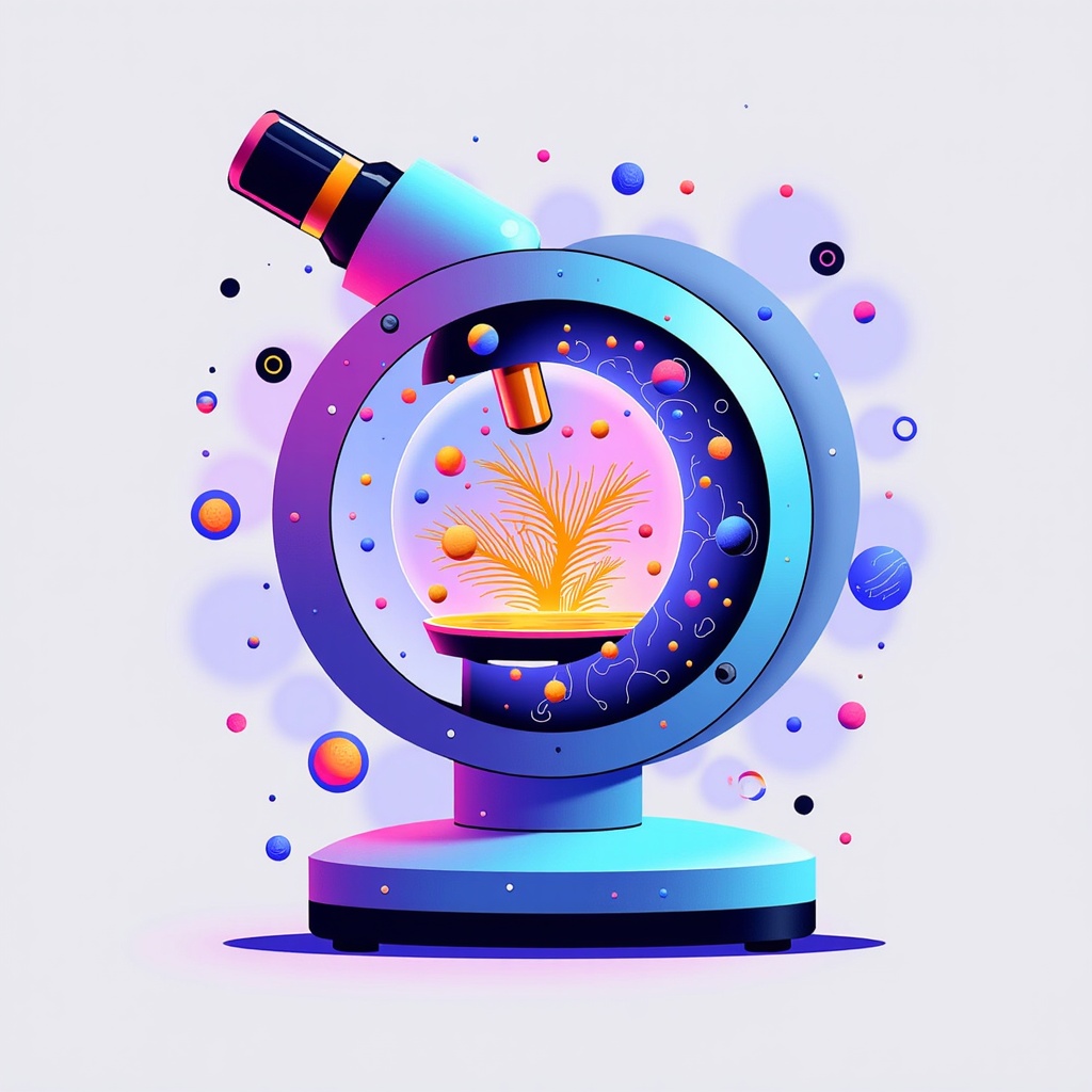 Simple icon idea for the theme: A stylized microscope lens revealing an abstract, colorful, AI-generated cellular pattern emerging from within.