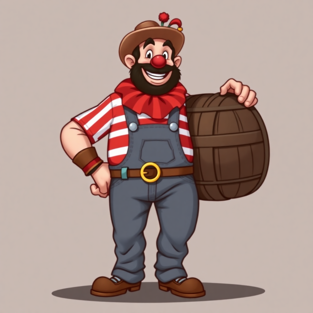 A classic barrelman rodeo clown character with a strong, stout build, wearing a traditional striped shirt and denim overalls, equipped with a durable barrel and a knack for quick, agile movements.