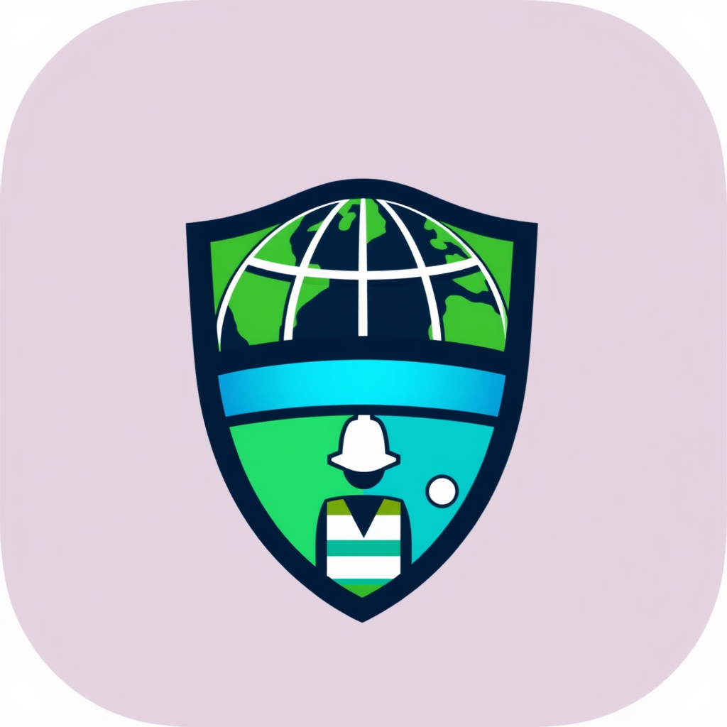 Merge the shield and globe: The top half of the icon is a dome representing the globe (with abstract continents), and the bottom half tapers like a shield, featuring stylized figures or safety symbols (hard hat, safety vest pattern).