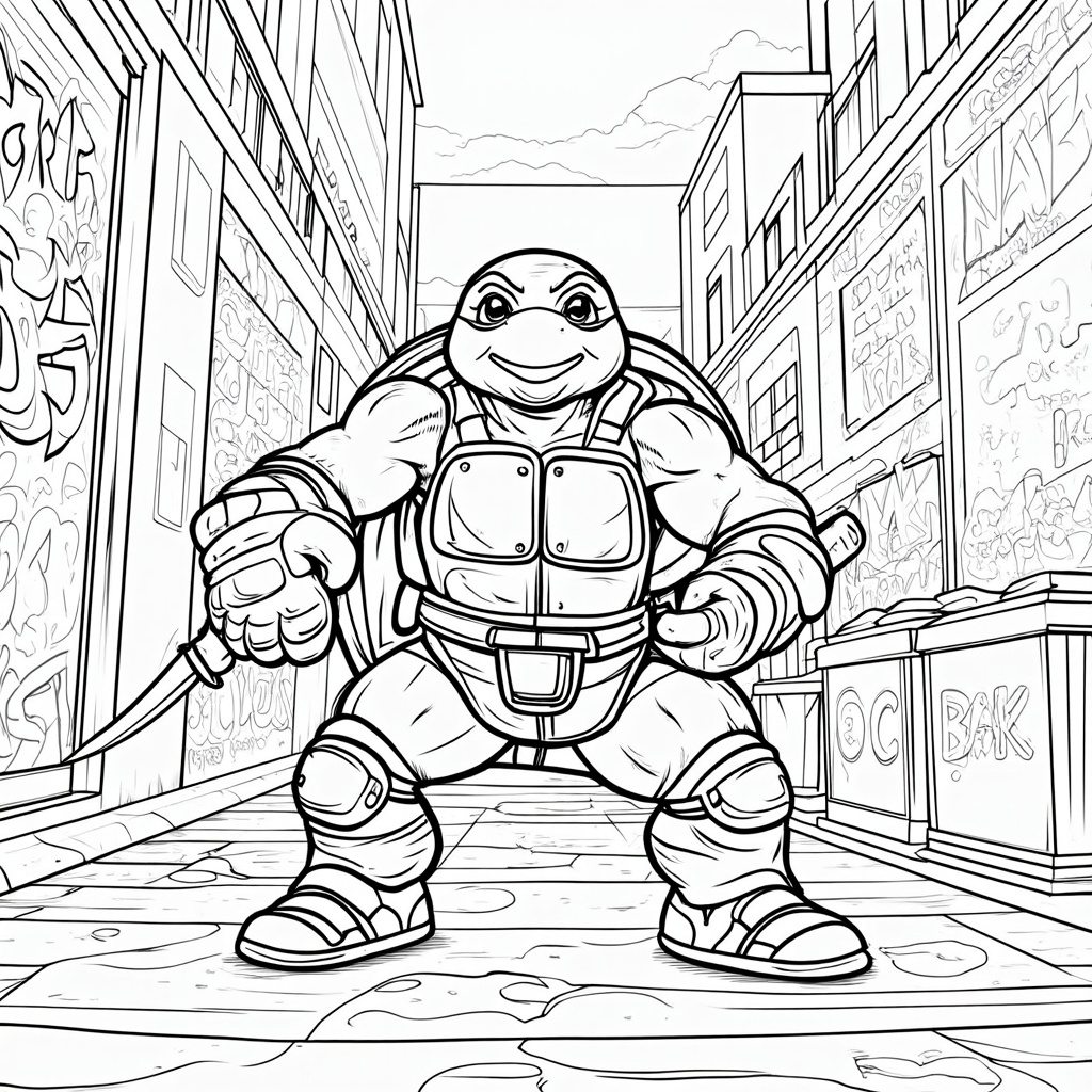 The image shows a sketch of a teenage mutant ninja turtle, Raphael, holding a knife in his hand. On either side of him are buildings with graffiti on them, and in the background is a sky.